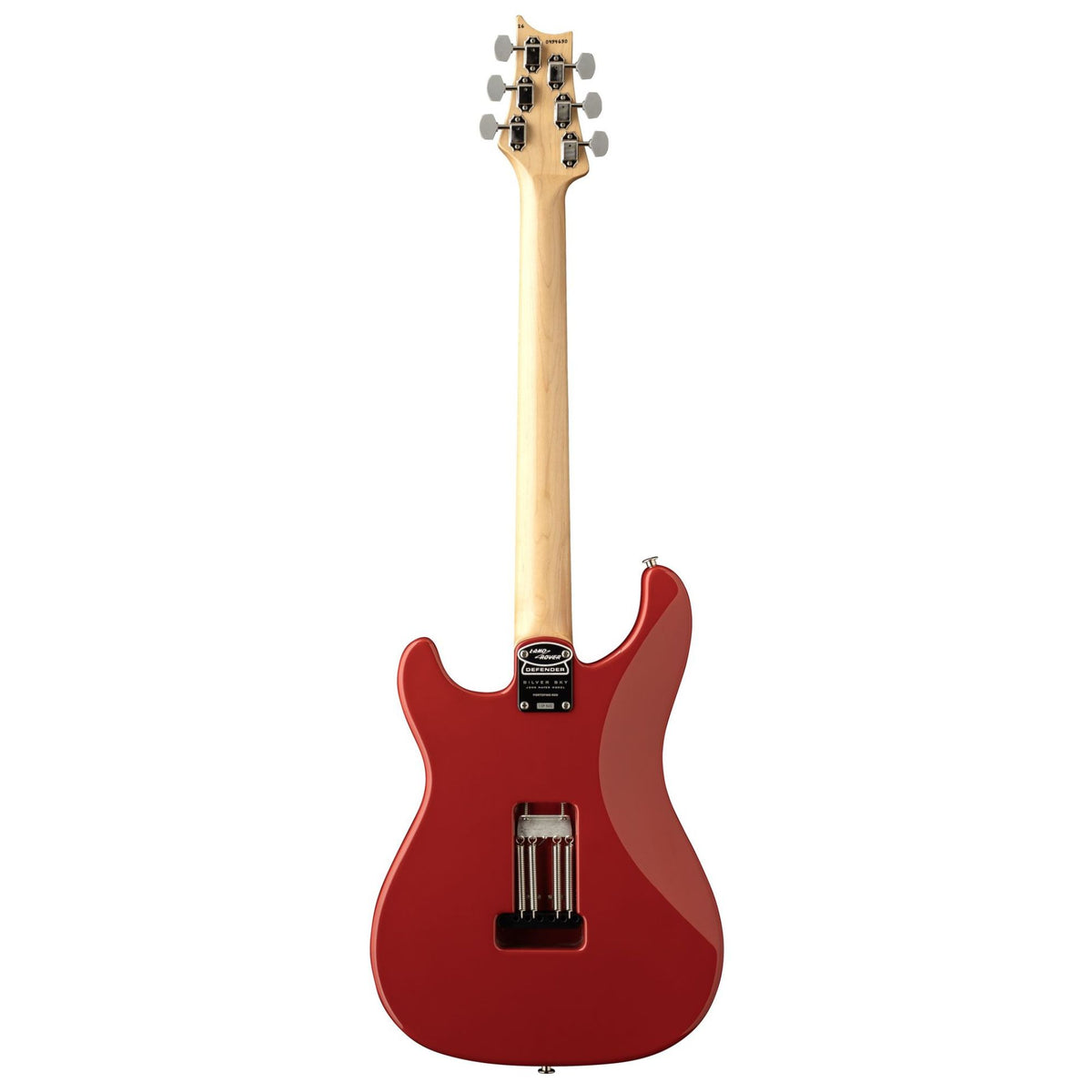PRS Silver Sky Defender LTD electric guitar in Portofino Red with a sleek body and detailed hardware, showcasing a high-quality musical instrument.