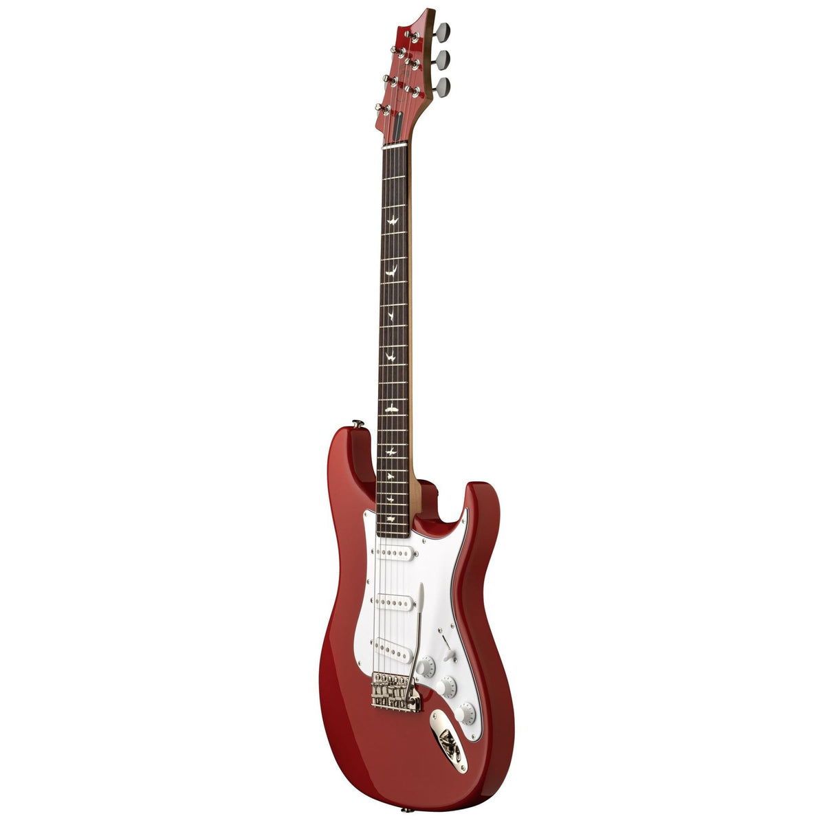 PRS Silver Sky Defender LTD electric guitar in Portofino Red, showcasing the sleek body and detailed hardware.