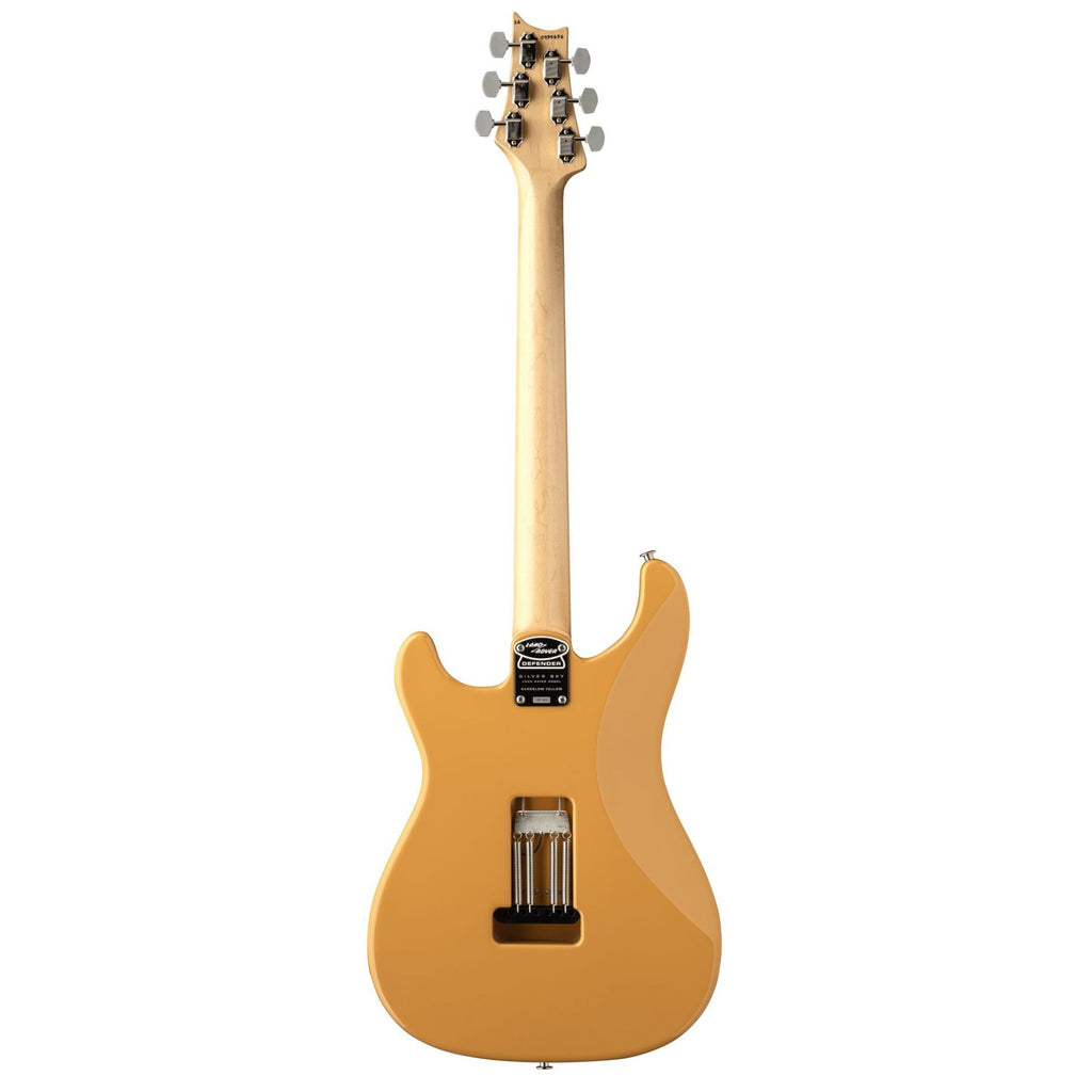 PRS Silver Sky Defender LTD electric guitar in Sandglow Yellow with a sleek body and rosewood fretboard, showcasing its classic design.