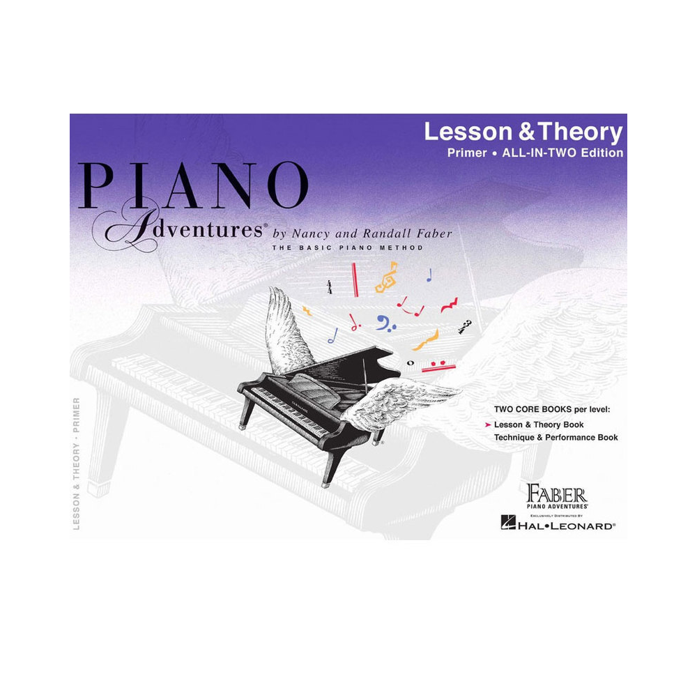 Faber Piano Adventures All-In-Two Primer Level piano lesson and theory book with colorful cover and musical notes.