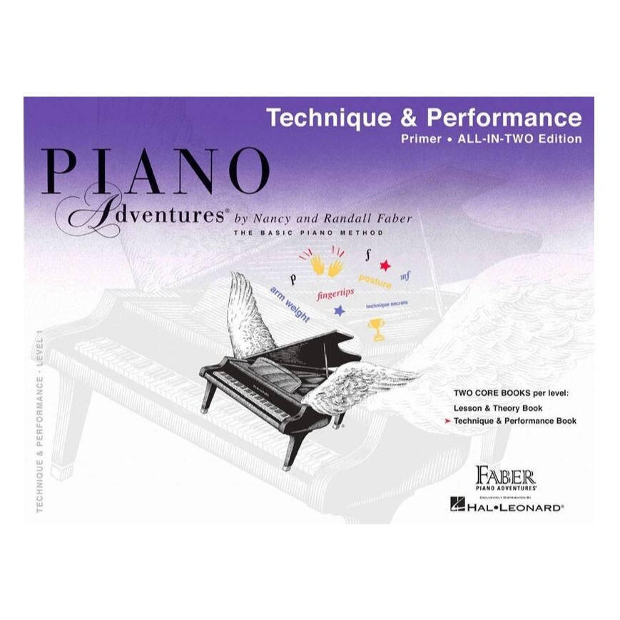 Faber Piano Adventures All-In-Two Primer Level piano technique and performance book with colorful cover and musical notes.