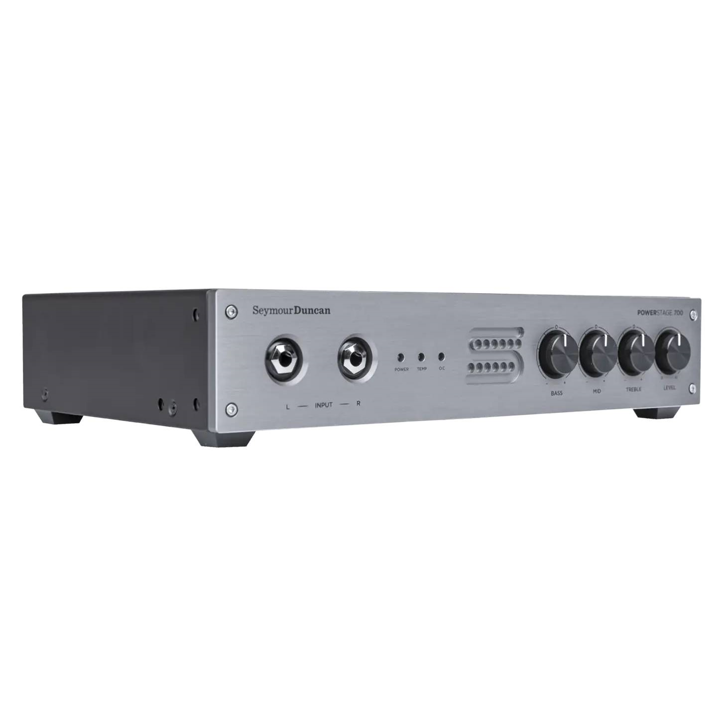 Seymour Duncan Powerstage 700 guitar power amplifier for effects pedals, compact black metal box with control knobs and input/output jacks.