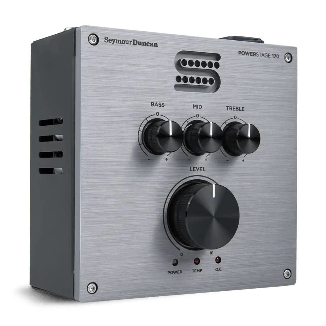 Seymour Duncan Powerstage 170 guitar power amplifier mounted on a pedalboard, with control knobs and input/output jacks visible.