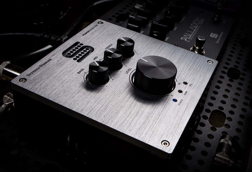 Seymour Duncan Powerstage 170 guitar power amplifier mounted in a compact effects pedal enclosure with control knobs.