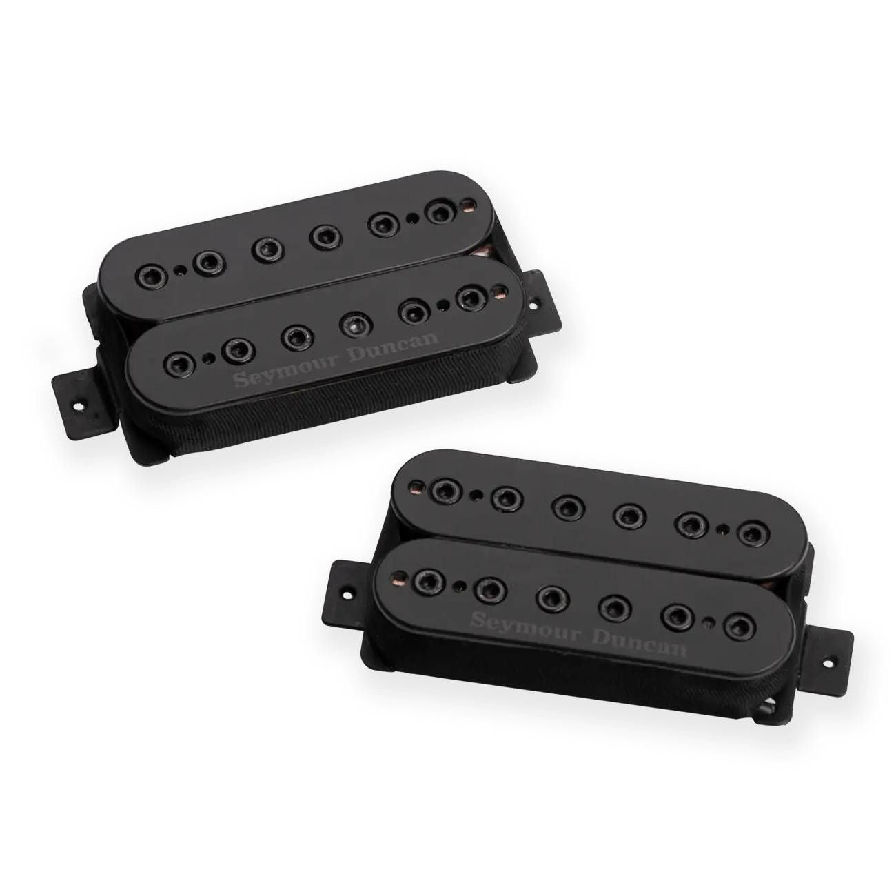Seymour Duncan Mark Holcomb Alpha & Omega guitar pickups in black, shown installed on electric guitar with close-up view.