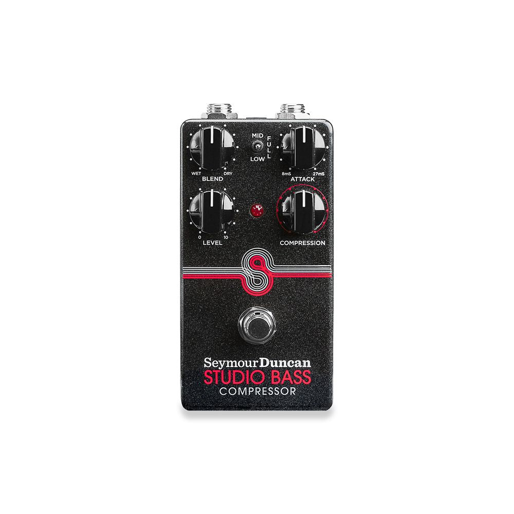 Seymour Duncan Studio Bass Compressor effects pedal, compact black unit with control knobs and input/output jacks for bass guitar.