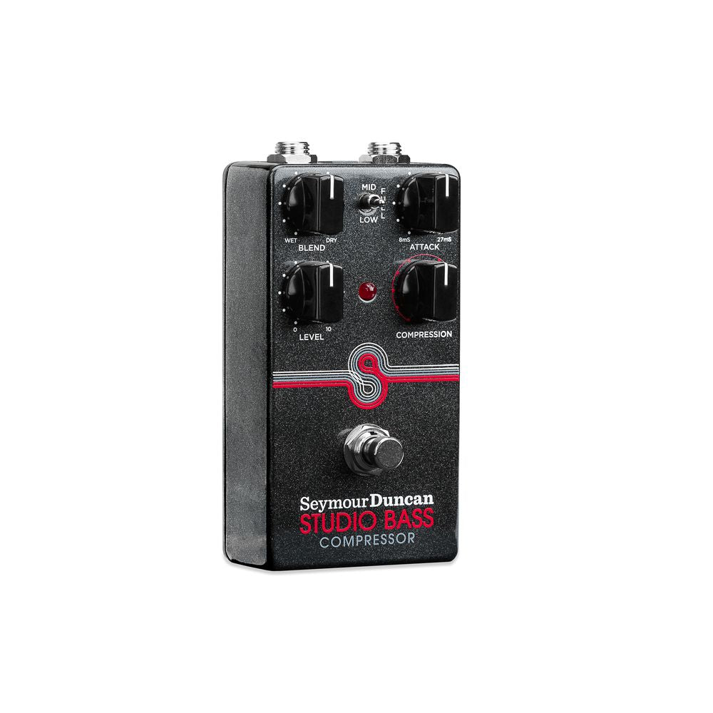 Seymour Duncan Studio Bass Compressor effects pedal with controls and input/output jacks, designed for bass guitar sound enhancement.