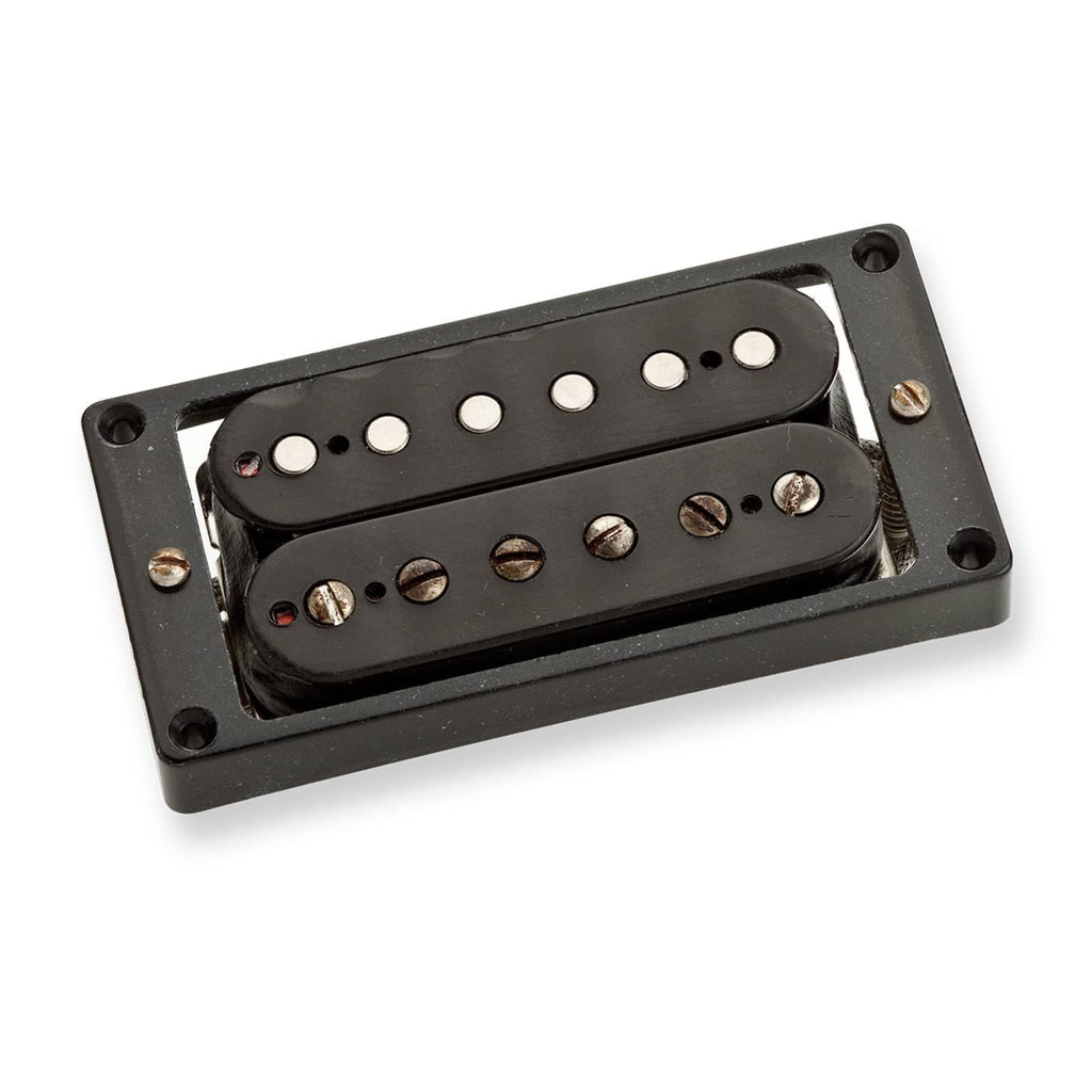 Black Seymour Duncan Antiquity JB guitar pickup with vintage-style design and metal cover, shown in close-up.