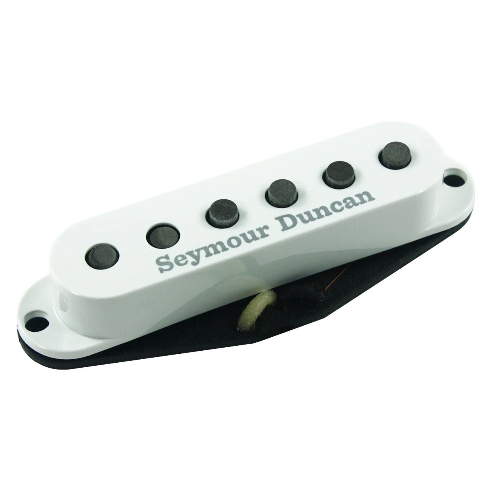 Left-handed Seymour Duncan SSL-1L Vintage Staggered Strat pickups shown in packaging, featuring gold pole pieces and vintage-style design.