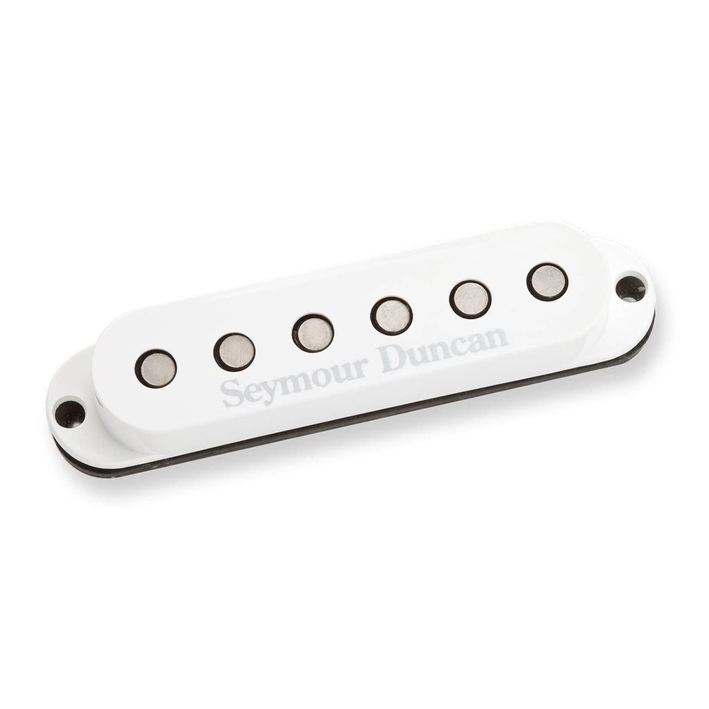 Seymour Duncan SSL-5 Custom Staggered Stratocaster pickup installed, showing its metal pole pieces and vintage-style design.