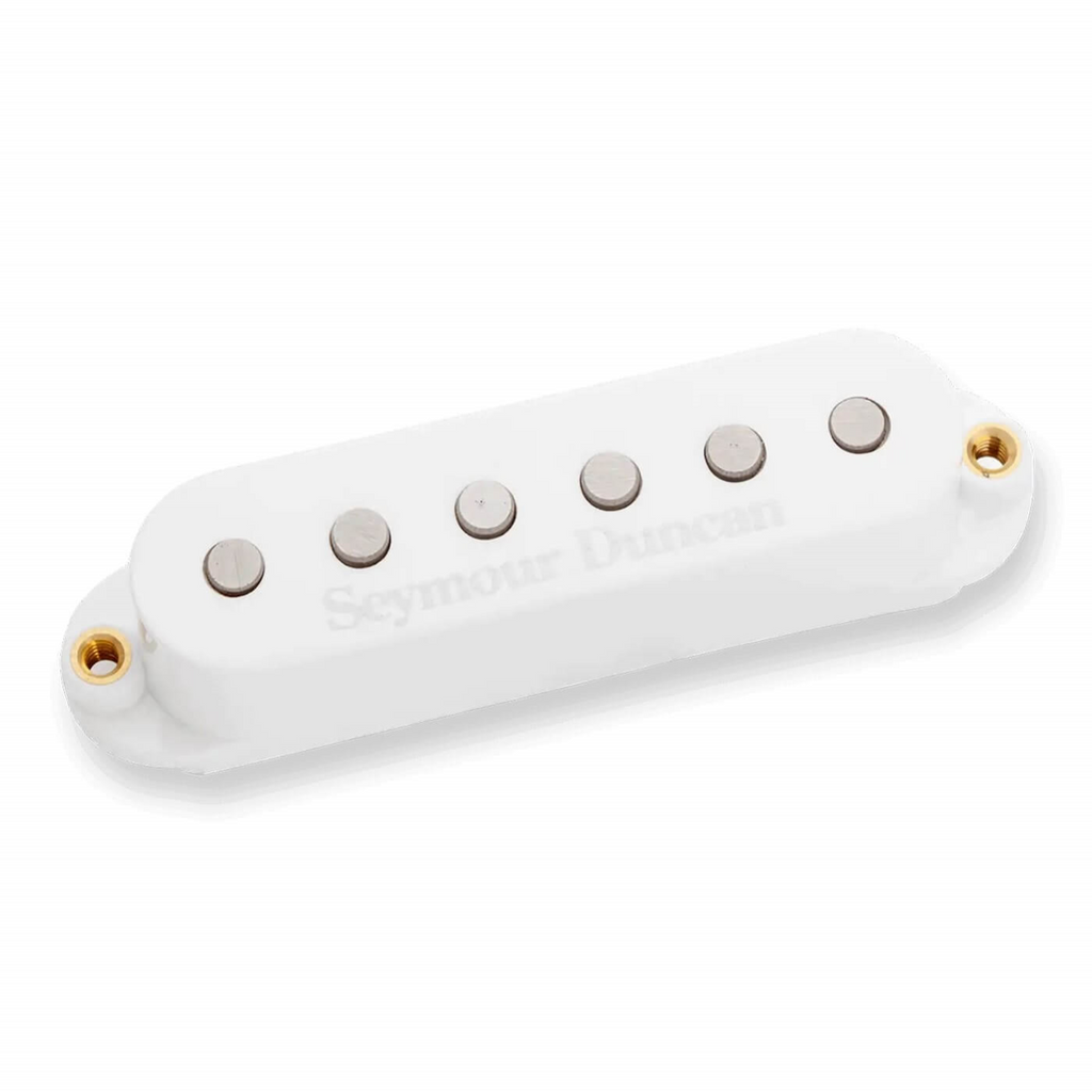 White Seymour Duncan STK-S6 Custom Stack Plus single coil guitar pickup with coil split switch, shown in a close-up image.