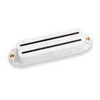 White Seymour Duncan SHR-1B Hot Rails Strat electric guitar pickup showing the pickup with its metal pole pieces and branding.