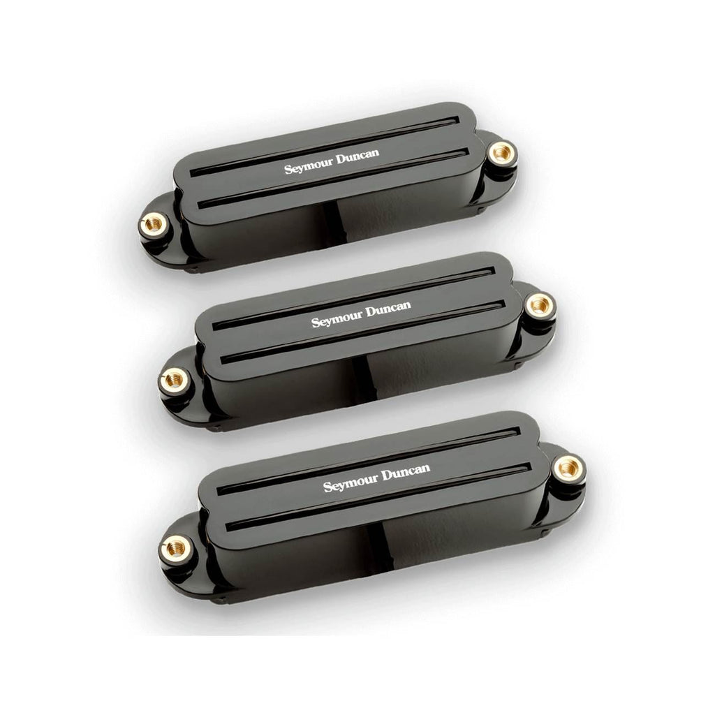 Black Seymour Duncan Hot Rails Strat pickups shown in a close-up image, highlighting their sleek design and high-performance construction.
