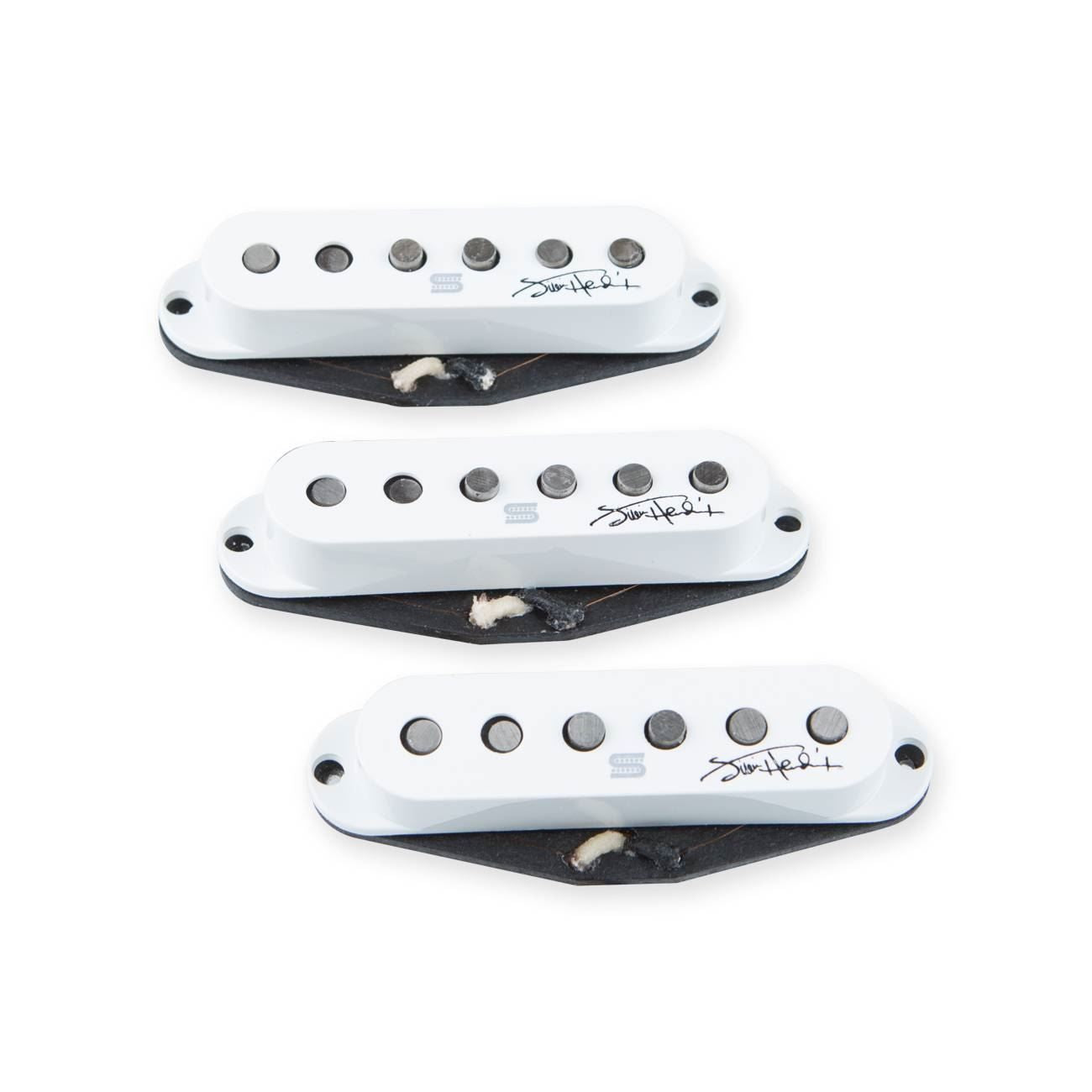 Seymour Duncan Hendrix Strat pickups in white with chrome covers, designed for electric guitar, placed on a guitar body.