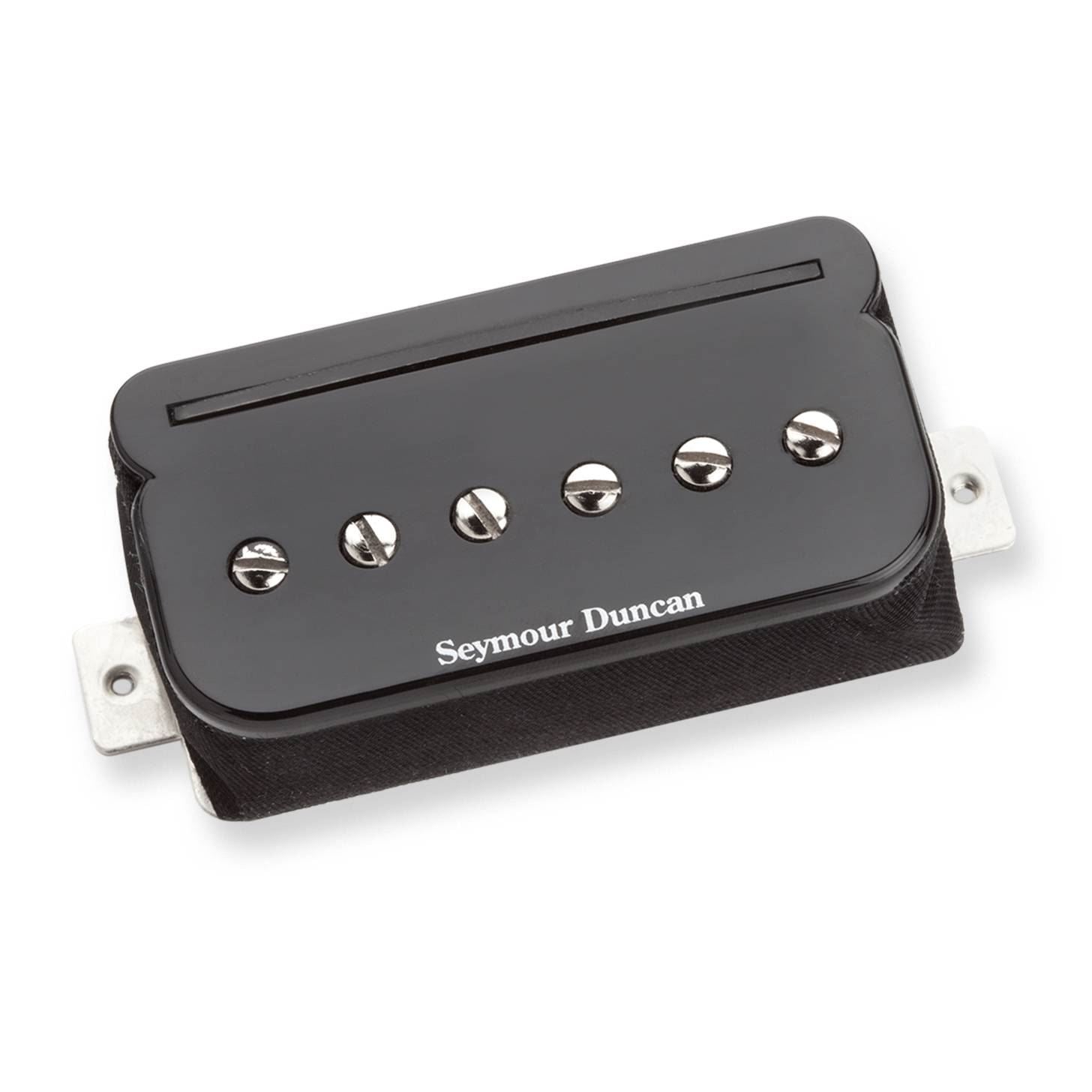 Black Seymour Duncan SHPR-1B P-Rails bridge pickups mounted on a guitar, showcasing the versatile pickup design and branding.