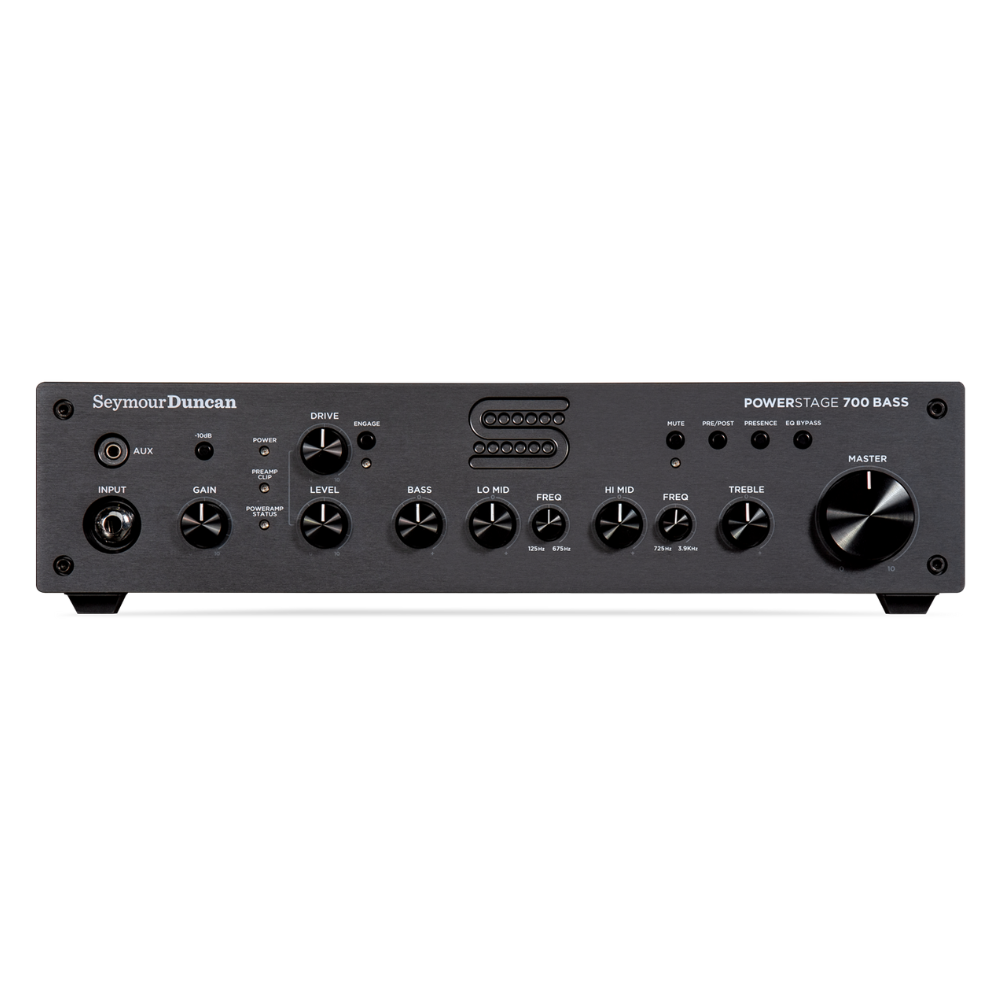 Seymour Duncan Powerstage 700 bass compact portable amp head with control knobs and input/output jacks for bass guitar.