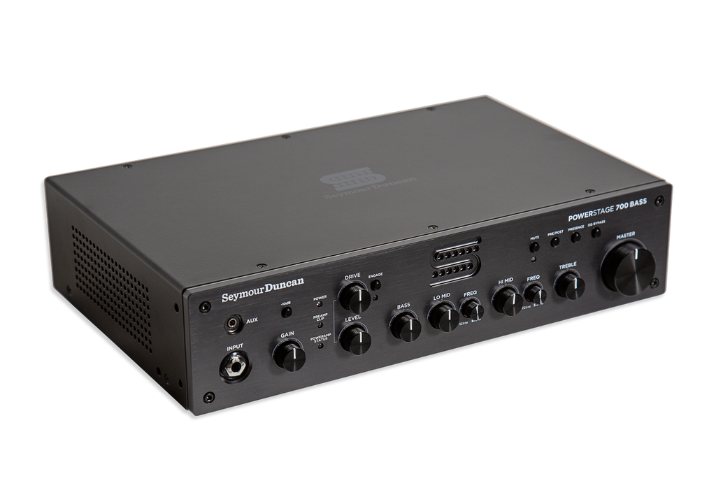 Seymour Duncan Powerstage 700 portable bass amplifier head with control knobs and compact design for bass guitar amplification.