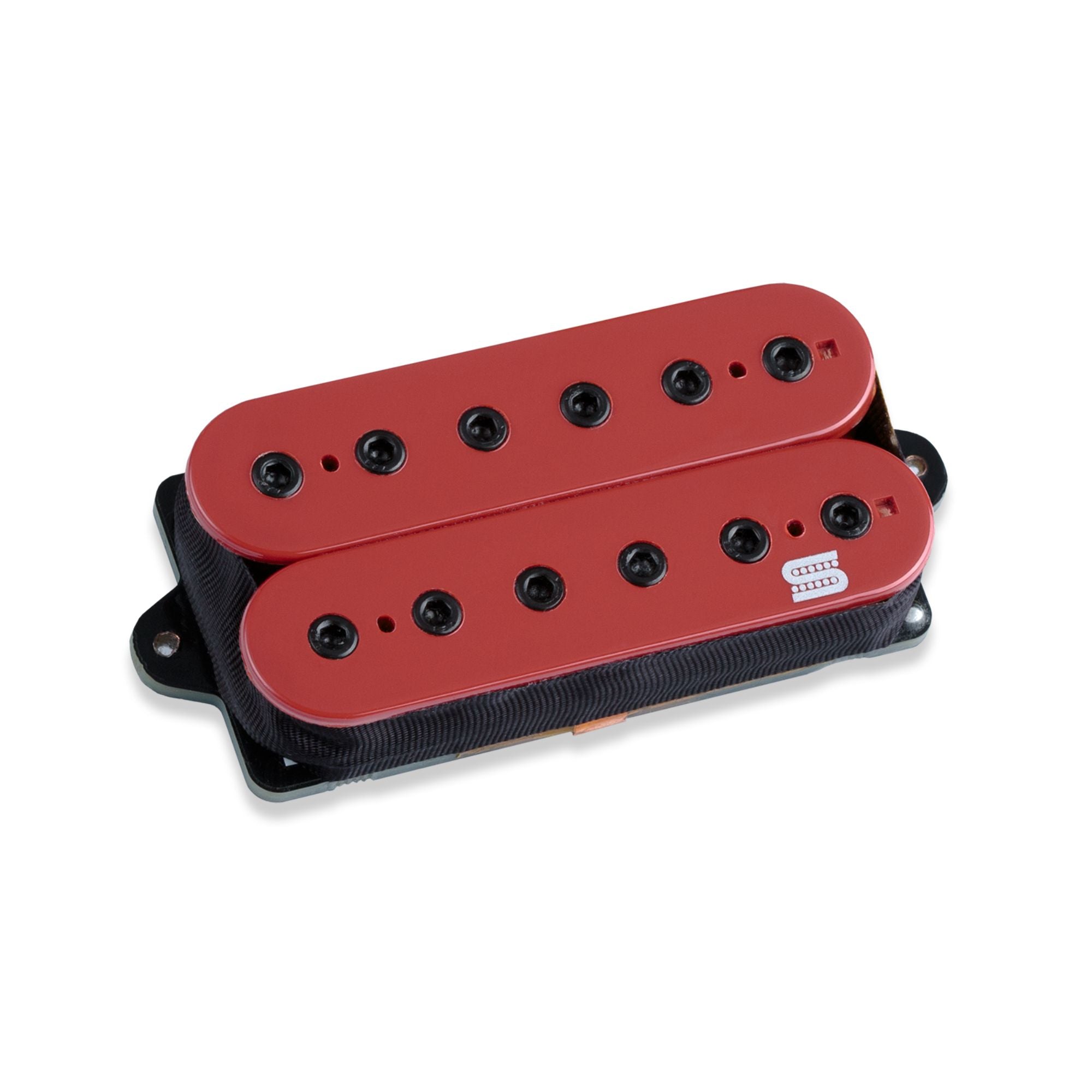 Seymour Duncan LLT Cazares Machete Trembucker pickup in red for electric guitars, showing the pickup with branding and wiring details.