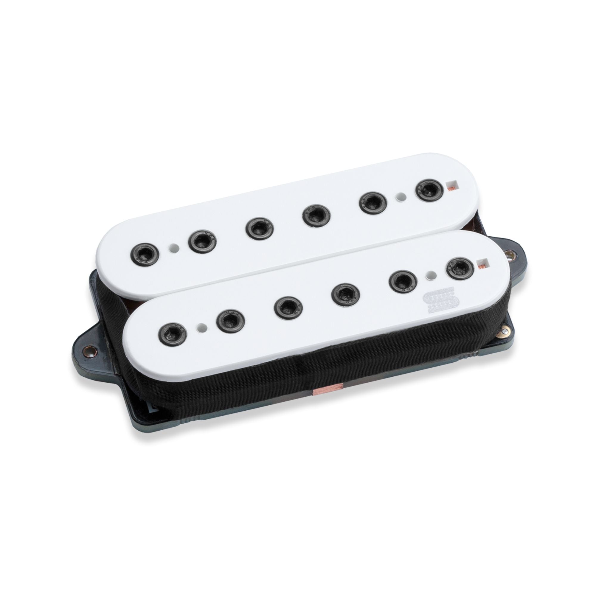 White Seymour Duncan LLT Cazares Machete Trembucker pickup for electric guitars, shown with mounting hardware and wiring details.