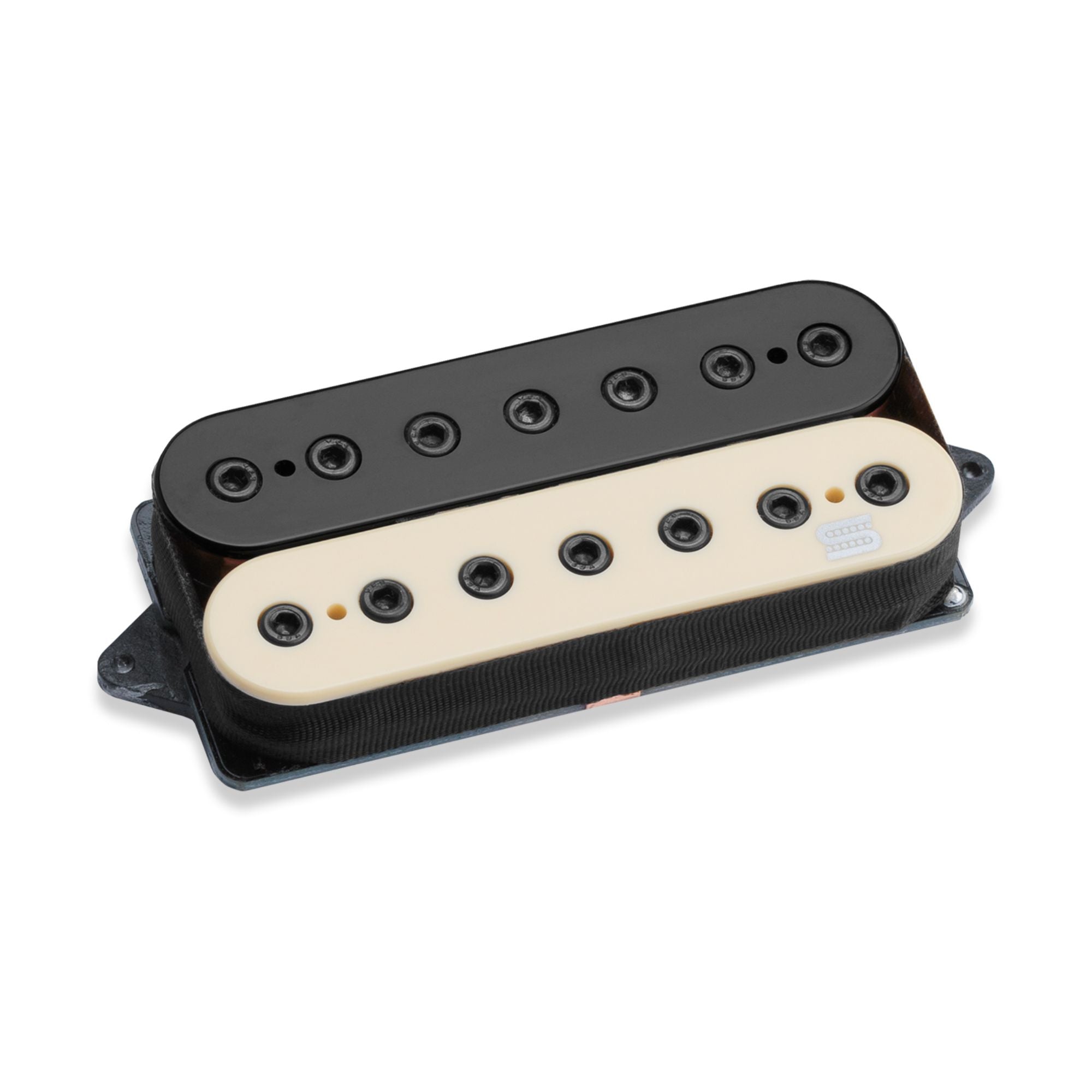 Seymour Duncan LLT Cazares Machete 7-string bridge humbucker pickup in zebra style, featuring metal mounting and coil design.