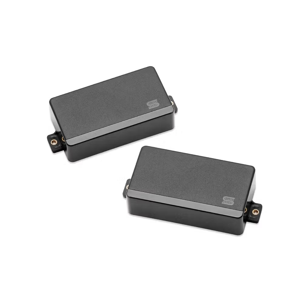 Seymour Duncan Mortal Coil 3 Active Humbucker Pickup Set showing three black pickups with mounting hardware for electric guitars.