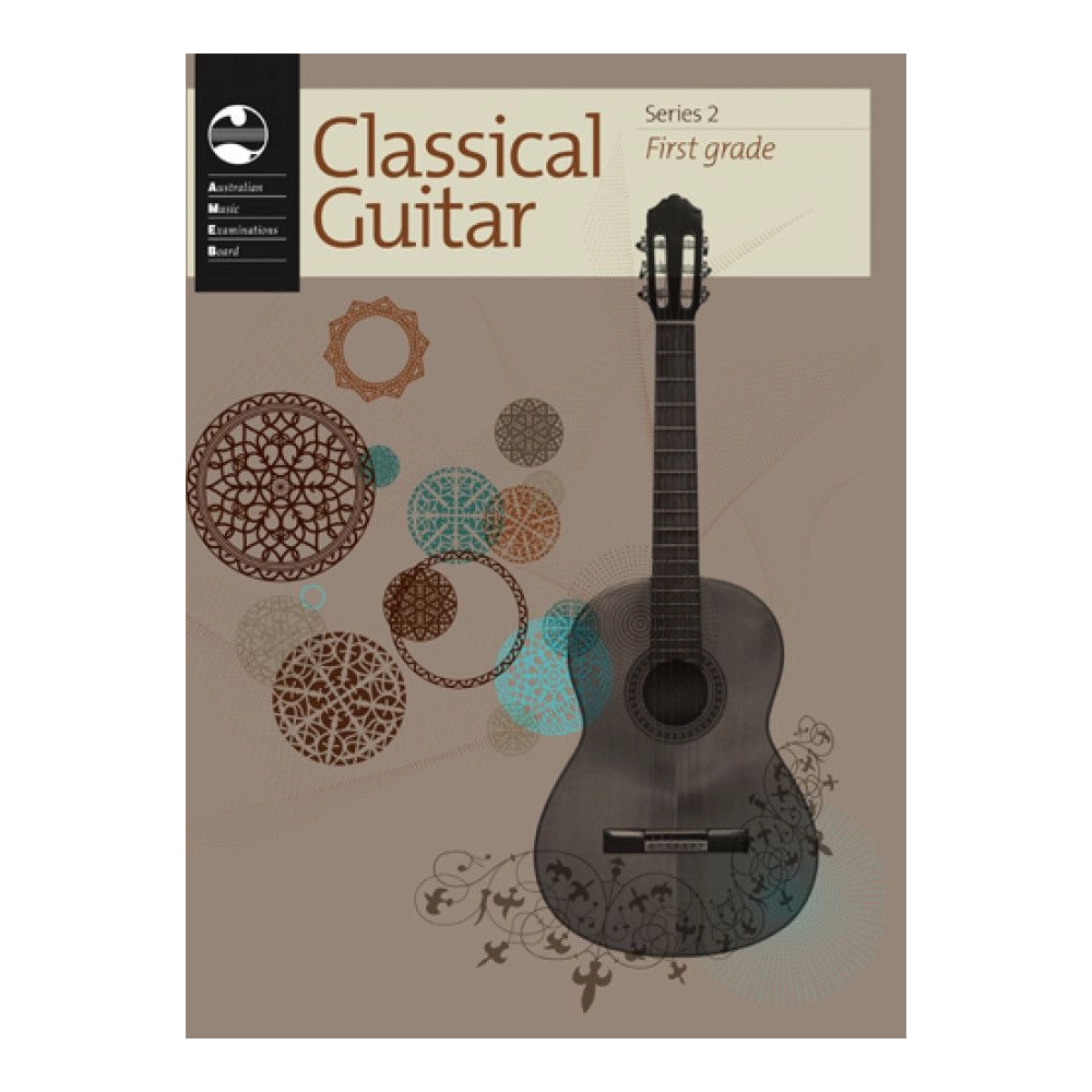 AMEB Classical Guitar Series 2 First Grade book cover, featuring guitar illustrations and instructional details.