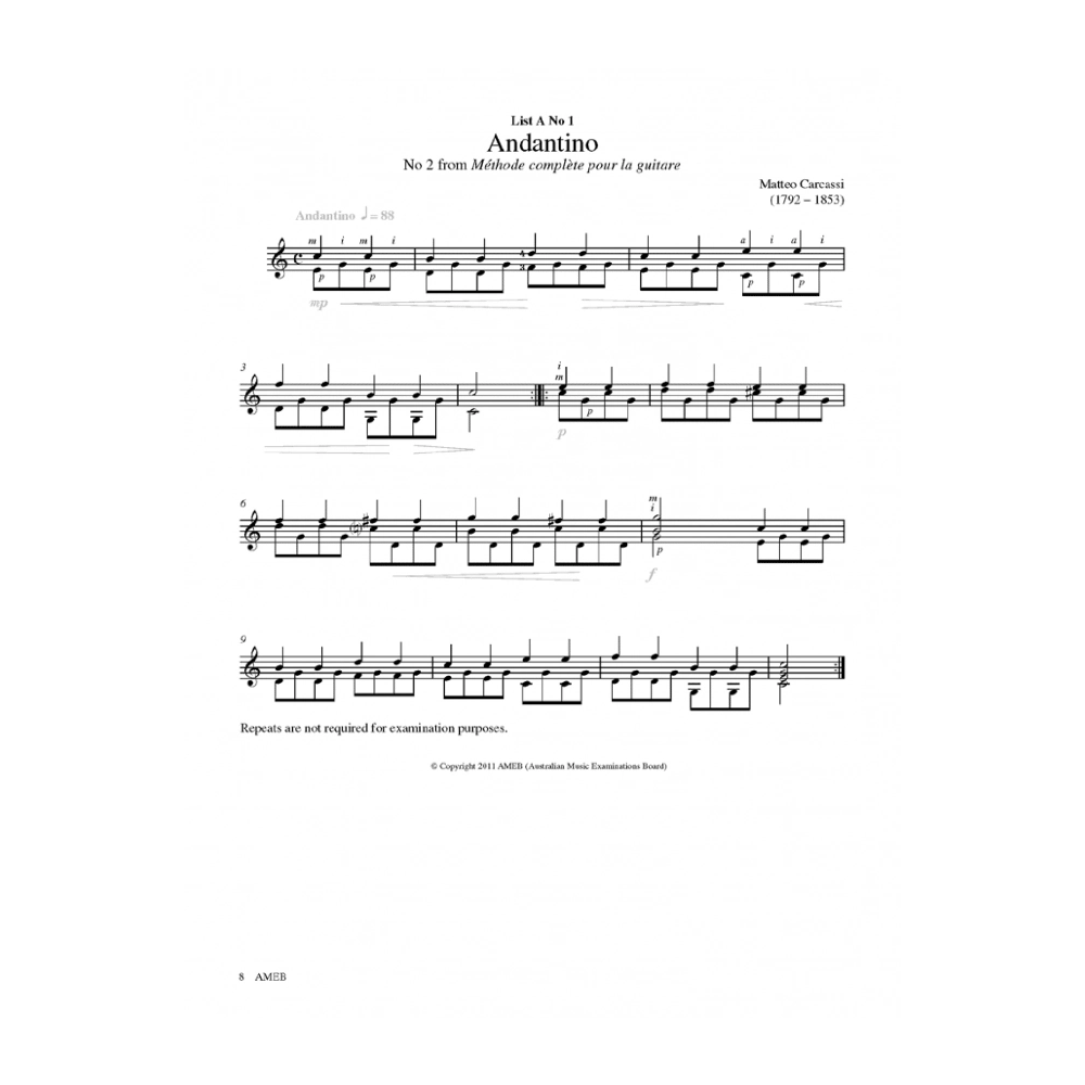 AMEB Classical Guitar Series 2 First Grade book cover, featuring a classical guitar and instructional text for beginner players.