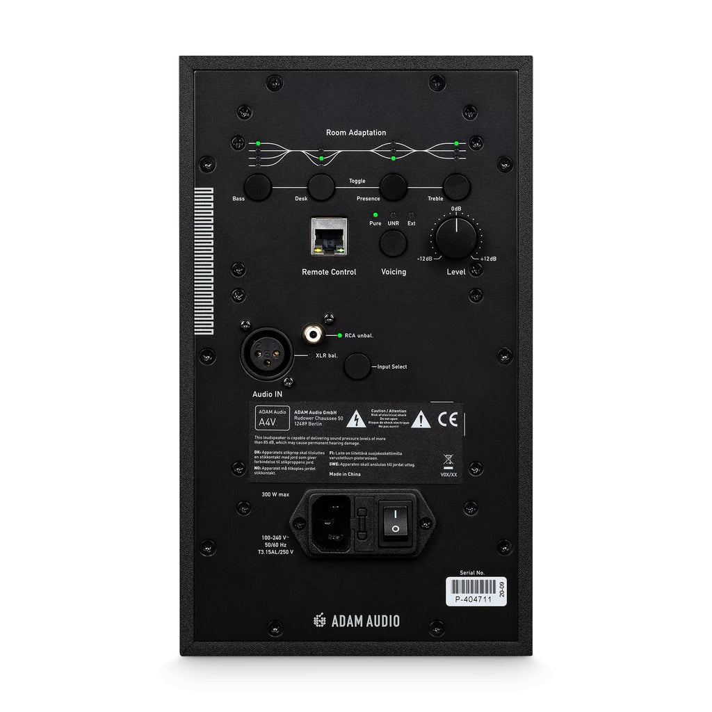 ADAM Audio A4V 4-inch 2-way nearfield studio monitor speaker, single, with sleek black enclosure and detailed driver components.