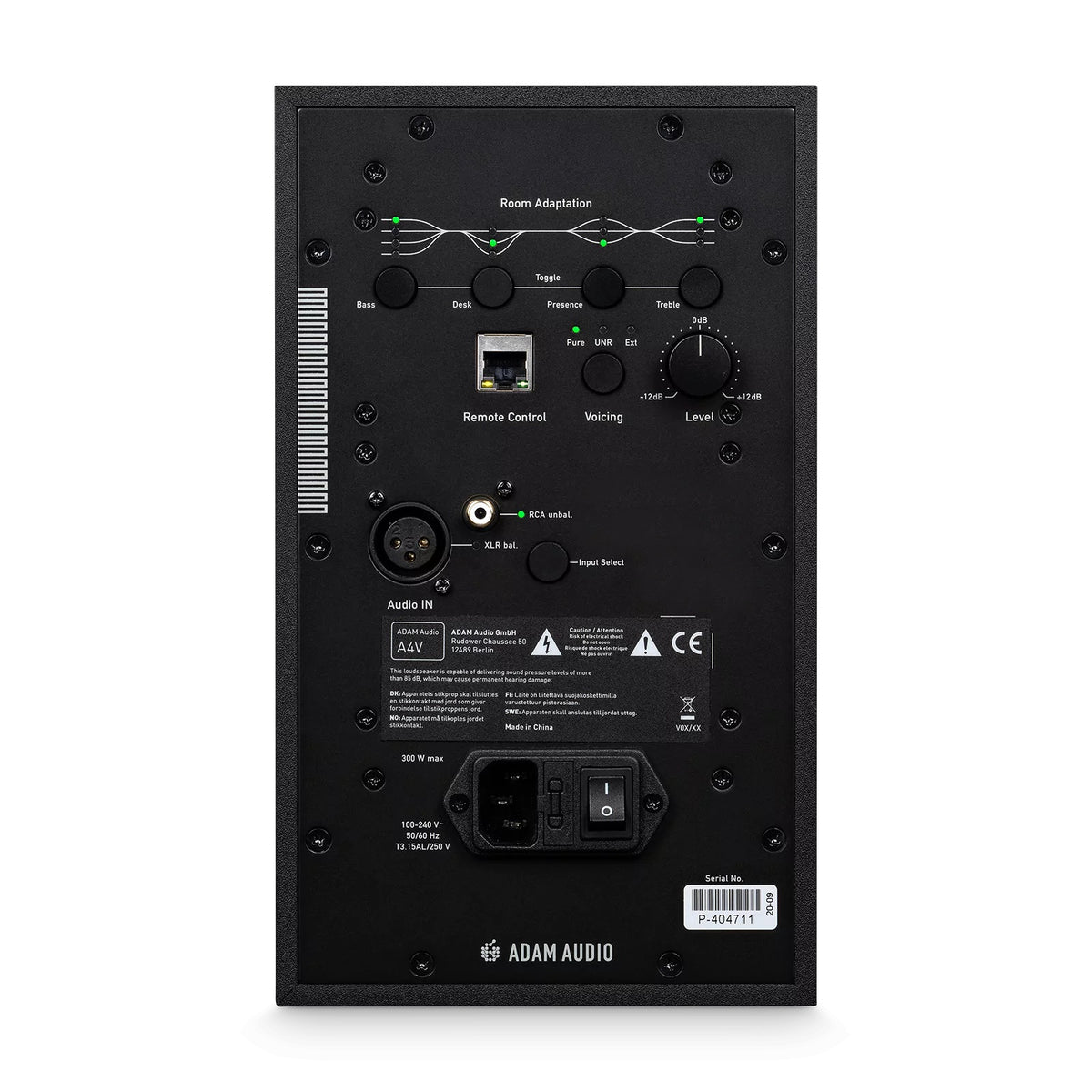ADAM Audio A4V 4-inch 2-way nearfield studio monitor speaker, single, with sleek black enclosure and detailed driver components.