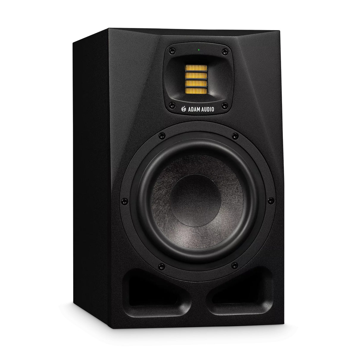 Adam Audio A7V 7-inch 2-way nearfield studio monitor speaker, single, with sleek black design and detailed speaker components.