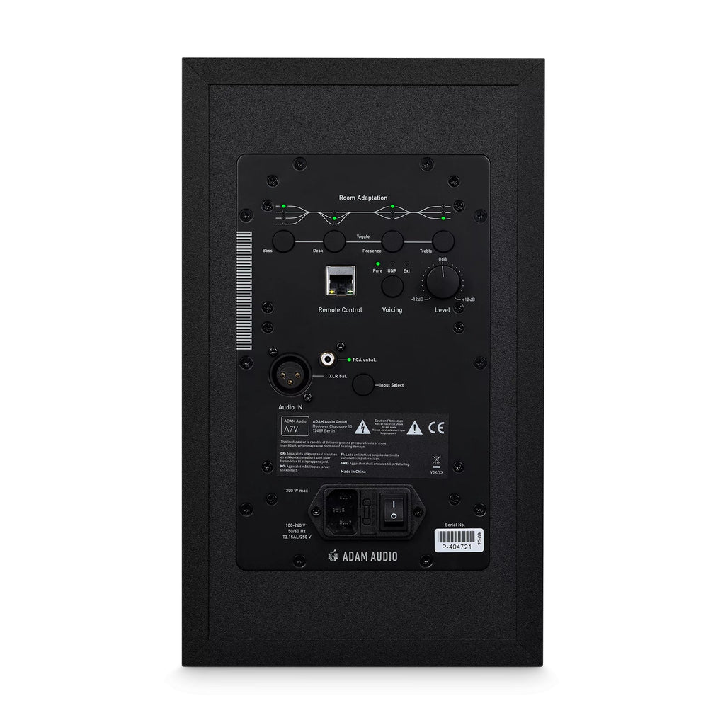 ADAM Audio A7V 7-inch 2-way nearfield studio monitor speaker, showing sleek black finish and detailed driver components.