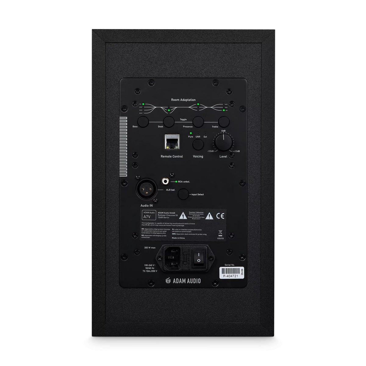 ADAM Audio A7V 7-inch 2-way nearfield studio monitor speaker, showing sleek black finish and detailed driver components.