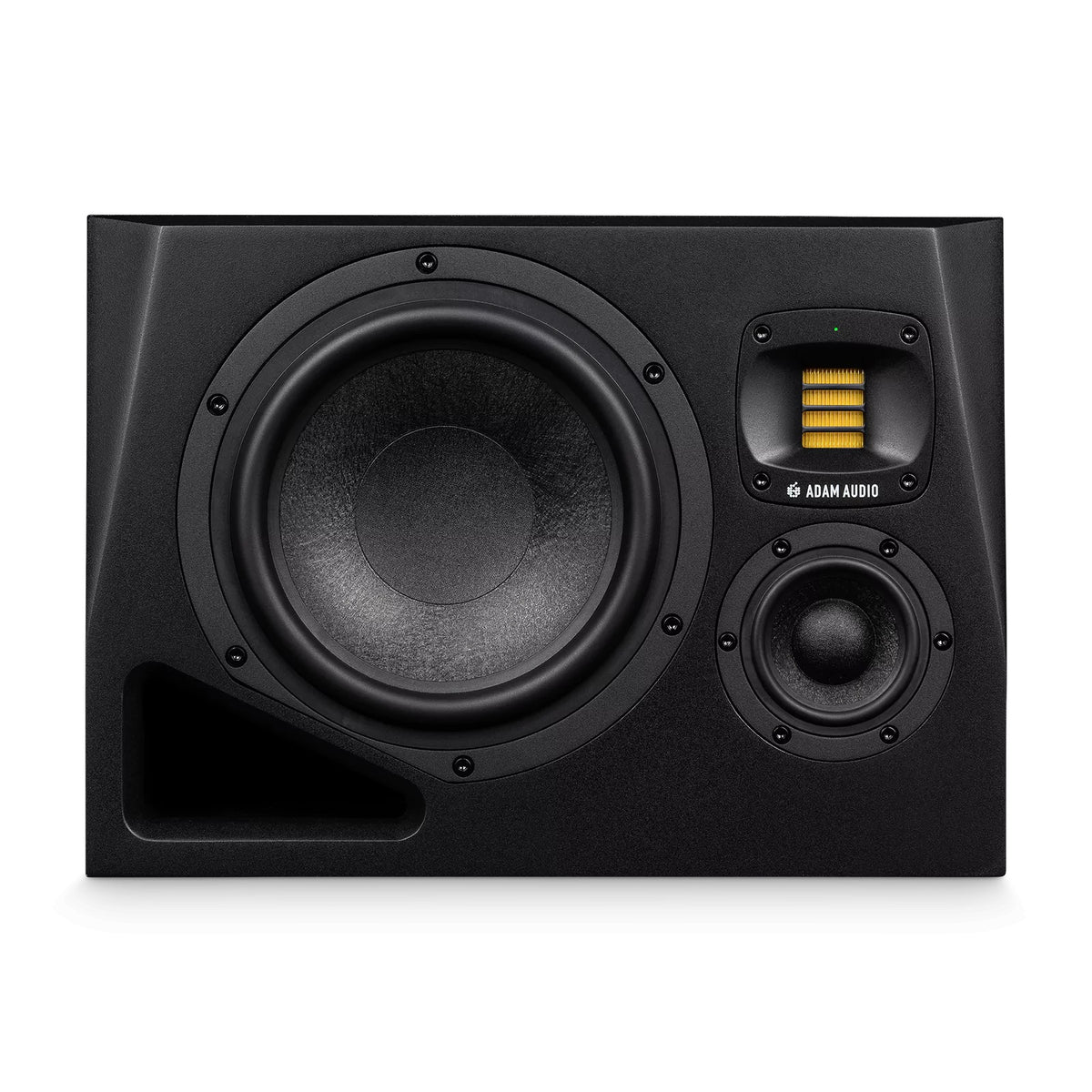 ADAM Audio A8H-R 8-inch 3-way nearfield studio monitor speaker showing black enclosure and detailed drivers for accurate sound.