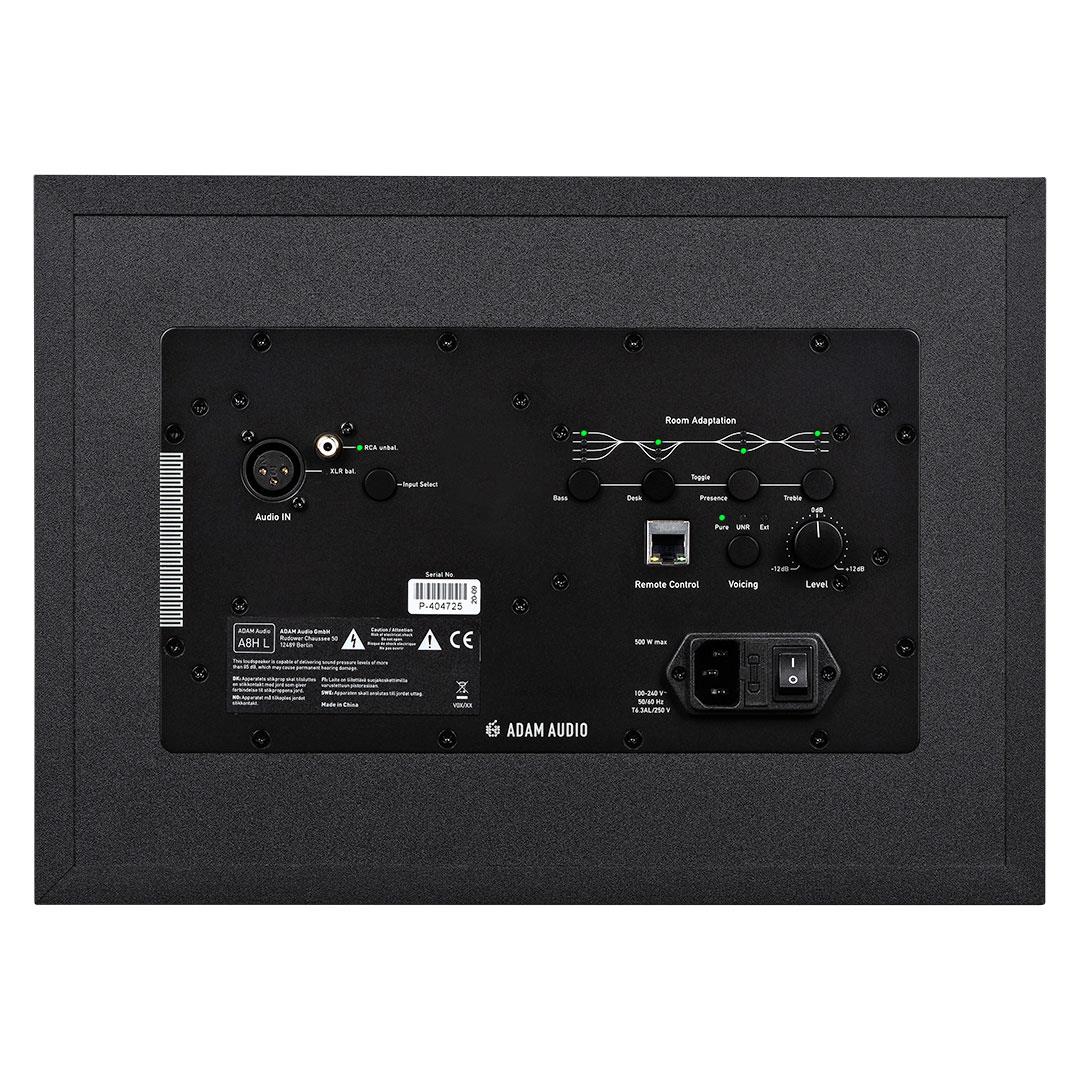 Left ADAM Audio A8H-L 3-way 8-inch nearfield studio monitor speaker for professional audio mixing and monitoring.