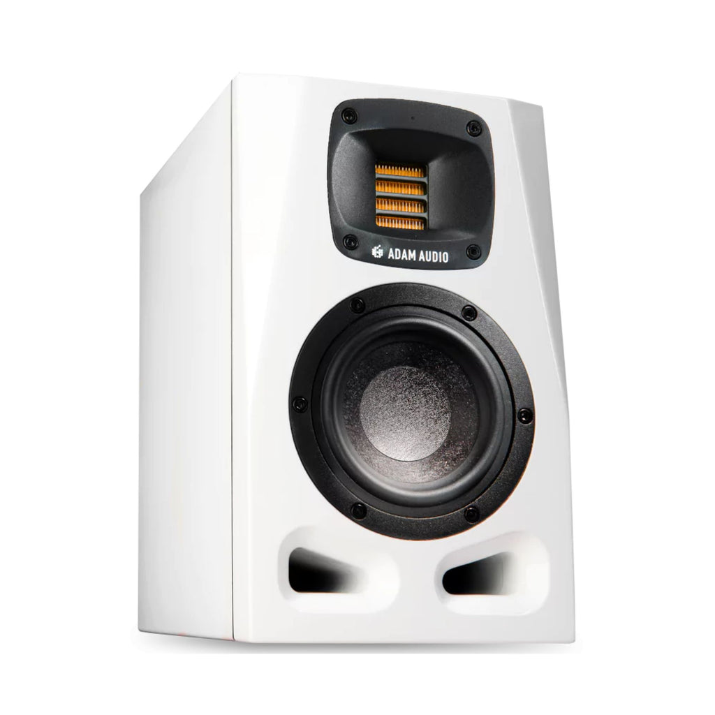 Adam Audio A4V nearfield studio monitor with white 2-way design and 4-inch woofer, ideal for professional audio mixing.