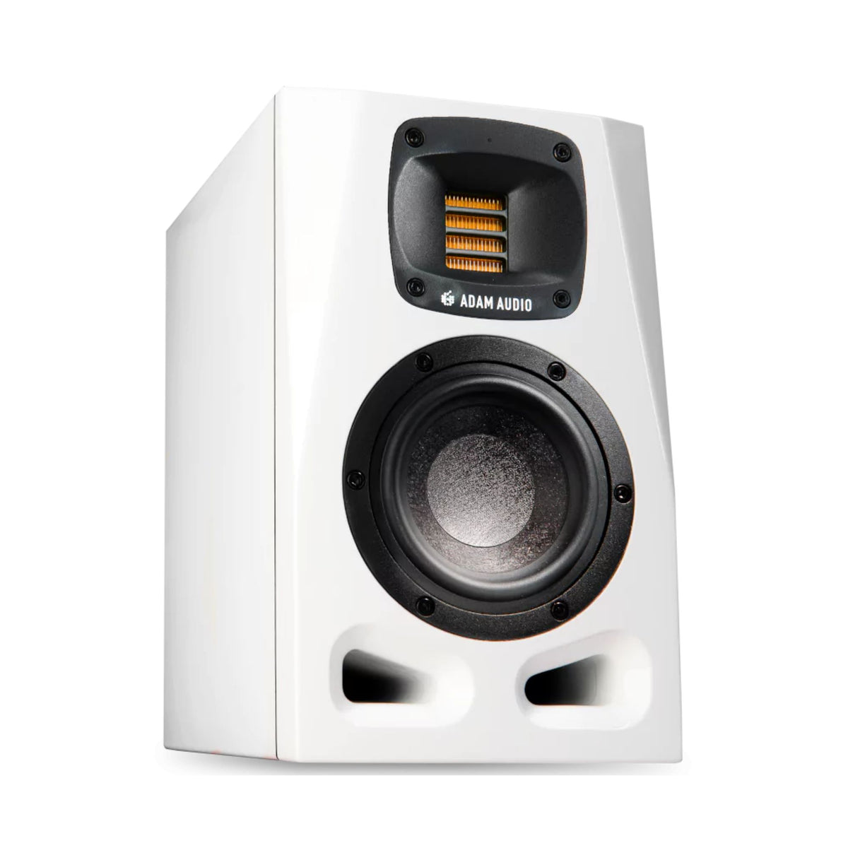 Adam Audio A4V nearfield studio monitor with white 2-way design and 4-inch woofer, ideal for professional audio mixing.