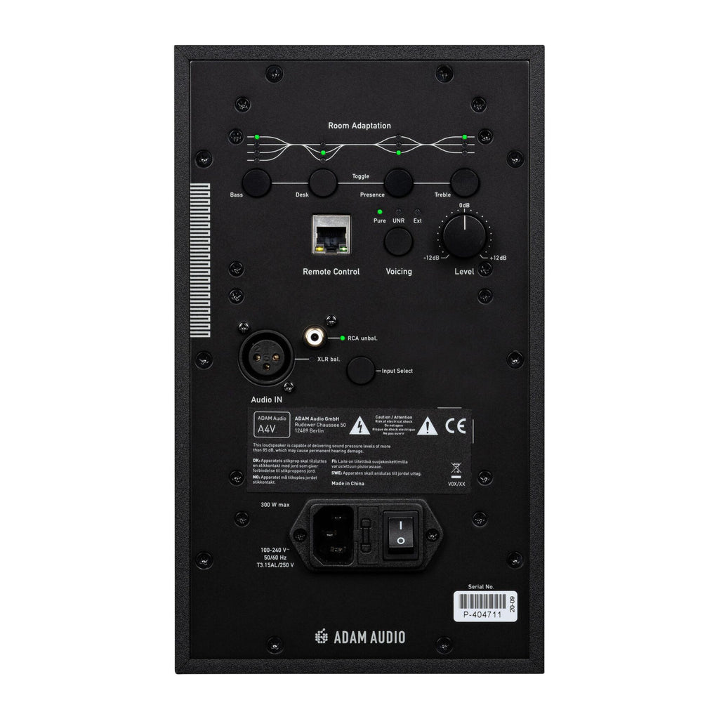 Adam Audio A4V nearfield studio monitor with white finish, 2-way design featuring a 4-inch woofer for accurate sound reproduction.