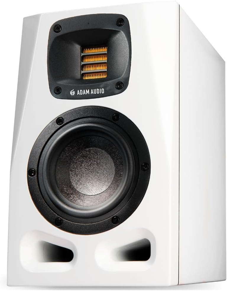 Adam Audio A4V nearfield studio monitor with white finish, 2-way design, 4-inch woofer, ideal for professional music production.