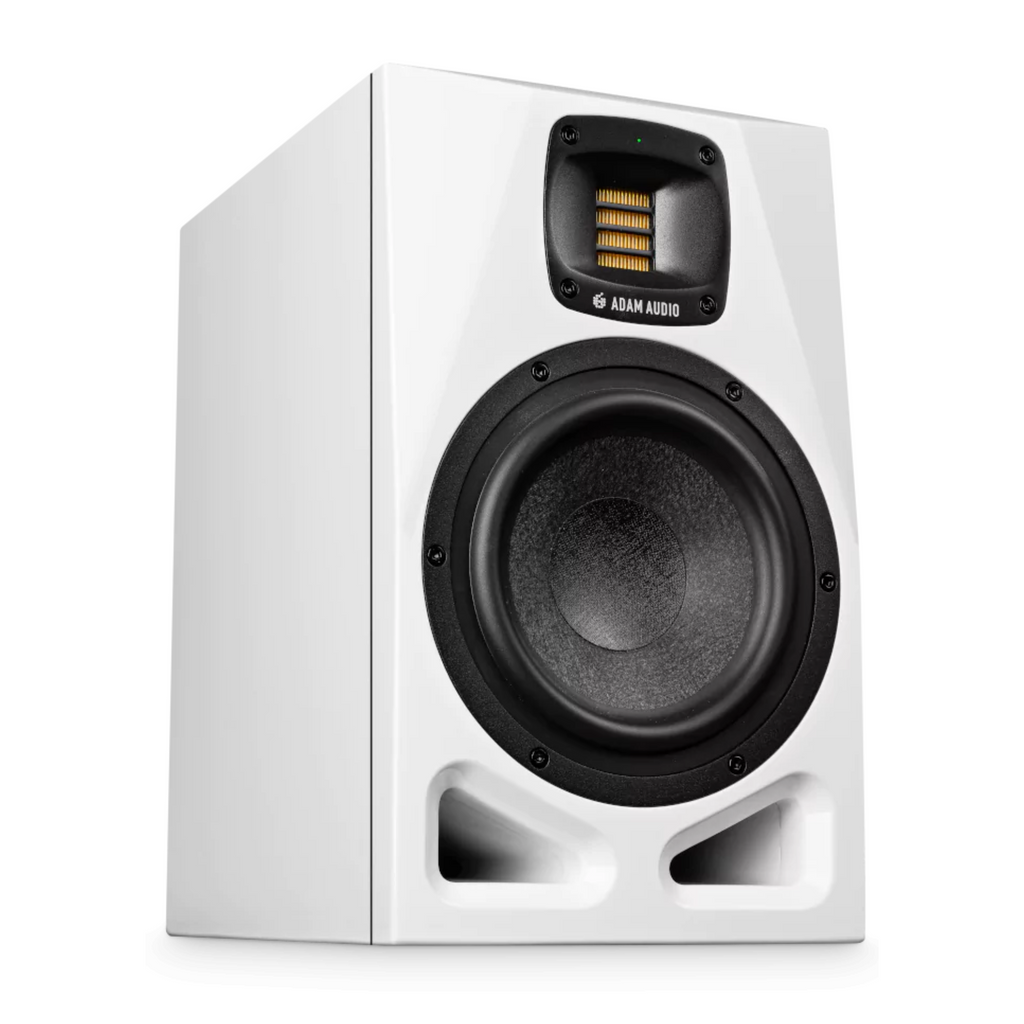 Adam Audio A7V nearfield studio monitor with 7-inch woofer in white, showcasing the sleek design and speaker grille.