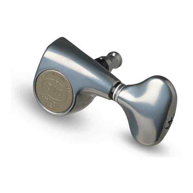 Taylor Gotoh acoustic guitar tuner machine heads in antique chrome, close-up of tuning pegs on Taylor guitar parts.
