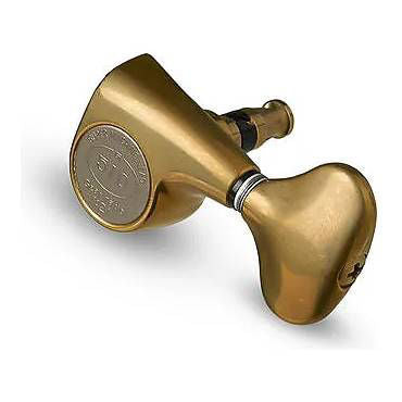 Taylor Gotoh acoustic guitar tuners in antique gold, close-up of tuning pegs and gear mechanism for Taylor guitar parts.