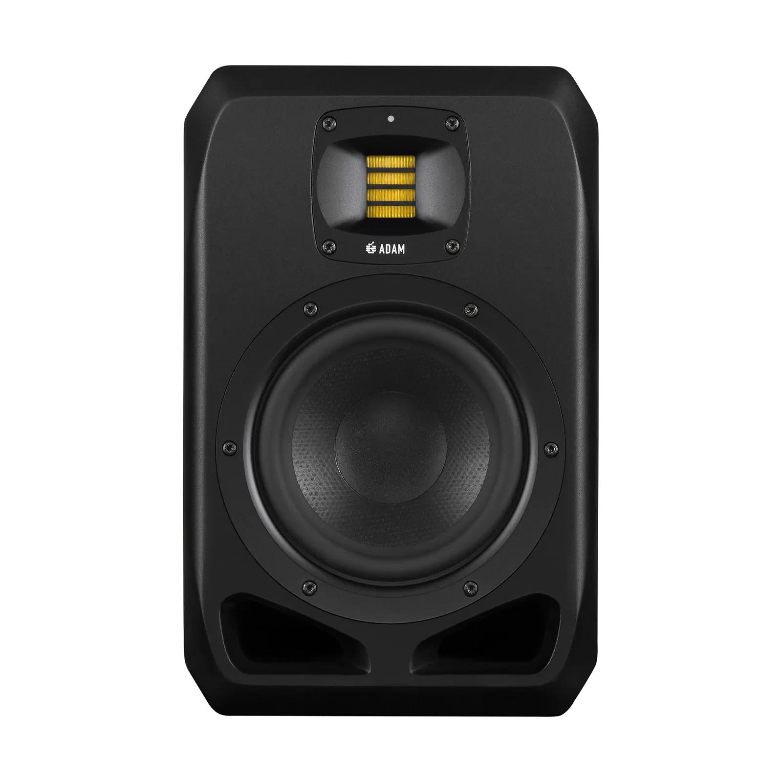 ADAM Audio S2V 7-inch 2-way nearfield studio monitor speaker shown from a side angle with detailed driver components.