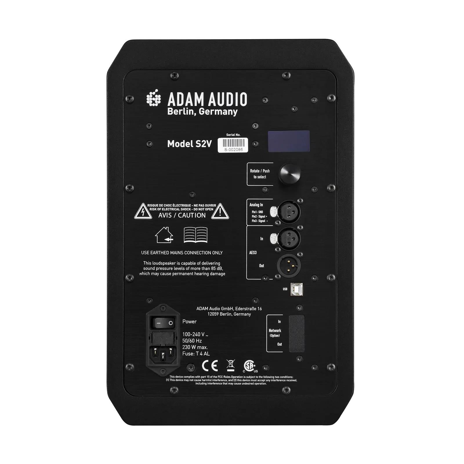 ADAM Audio S2V 7-inch 2-way nearfield studio monitor speaker showing the front with drivers and sleek design.