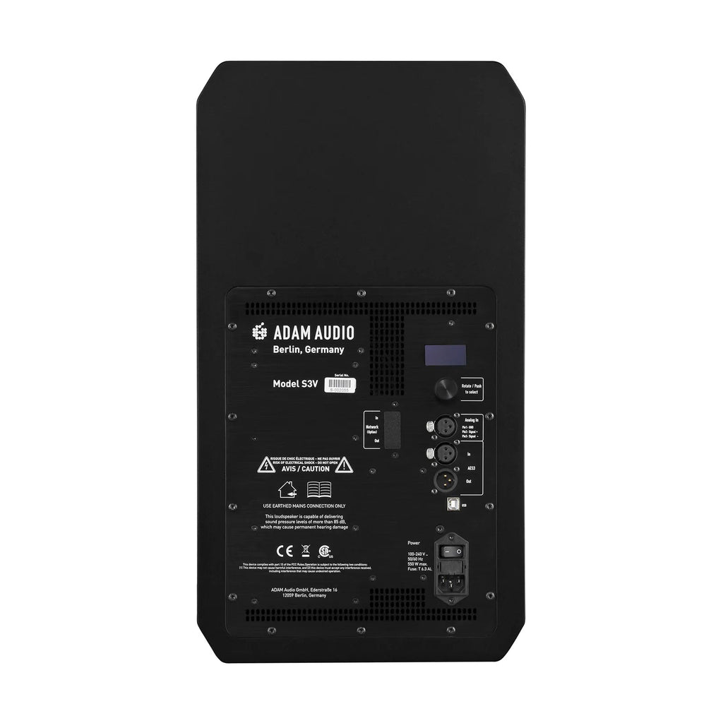 ADAM Audio S3V studio monitor with 9-inch woofer and three-way design, ideal for nearfield and midfield audio monitoring.