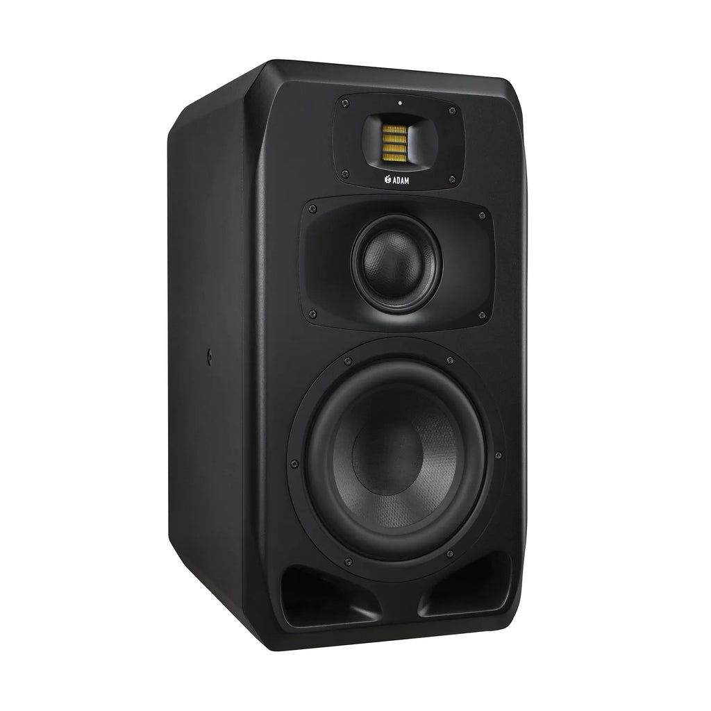 ADAM Audio S3V studio monitors with 9-inch woofer, nearfield/midfield three-way system for professional audio mixing.