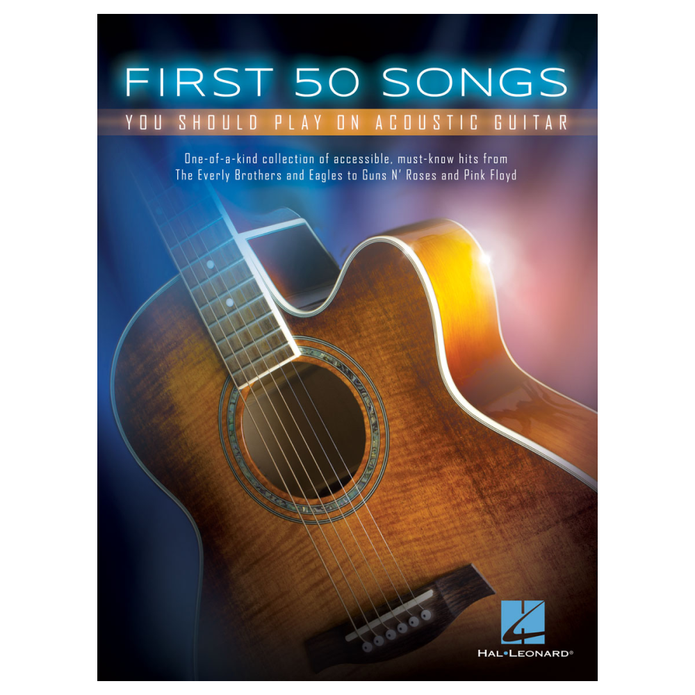 Open book showing pages of "First 50 Songs You Should Play on Acoustic Guitar" by Hal Leonard, with guitar chord diagrams and sheet music.