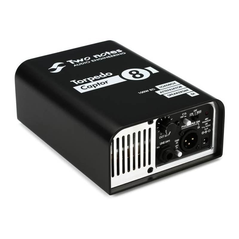 Two Notes Torpedo Captor Compact Loadbox and Amp DI connected to a guitar amplifier, showing controls and audio connections.