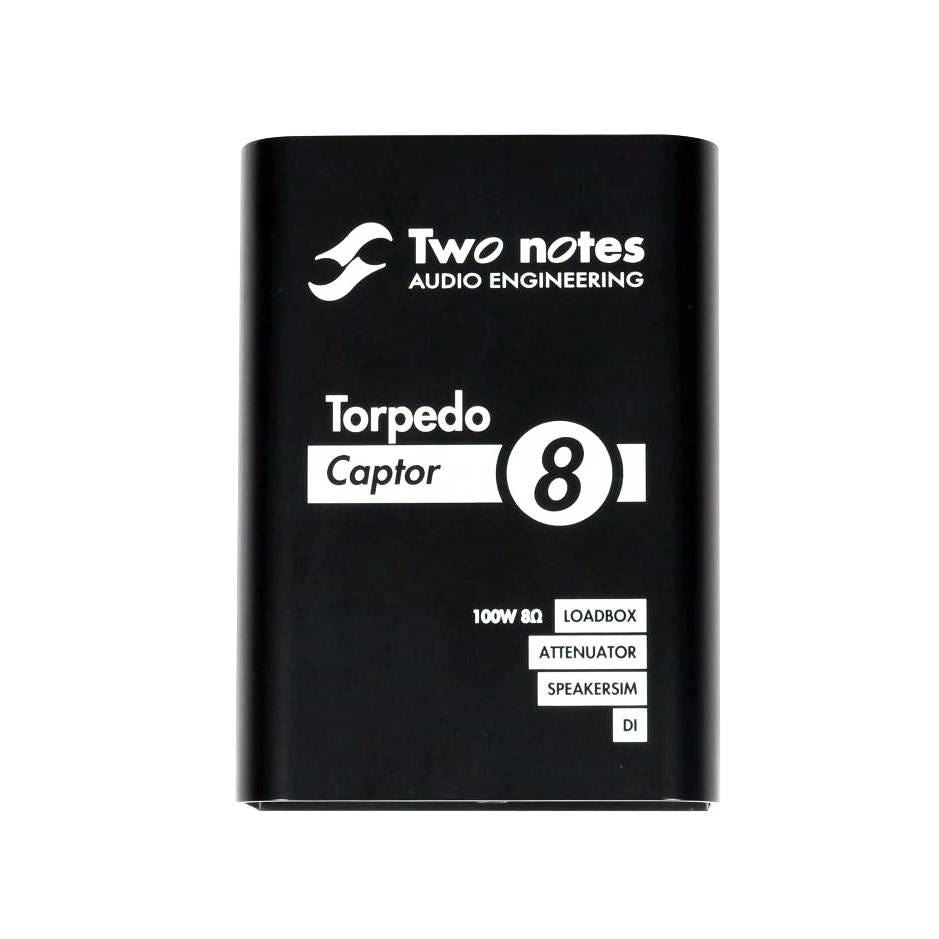 Two Notes Torpedo Captor compact loadbox and amp DI connected to guitar amplifier, showing control panel and input/output jacks