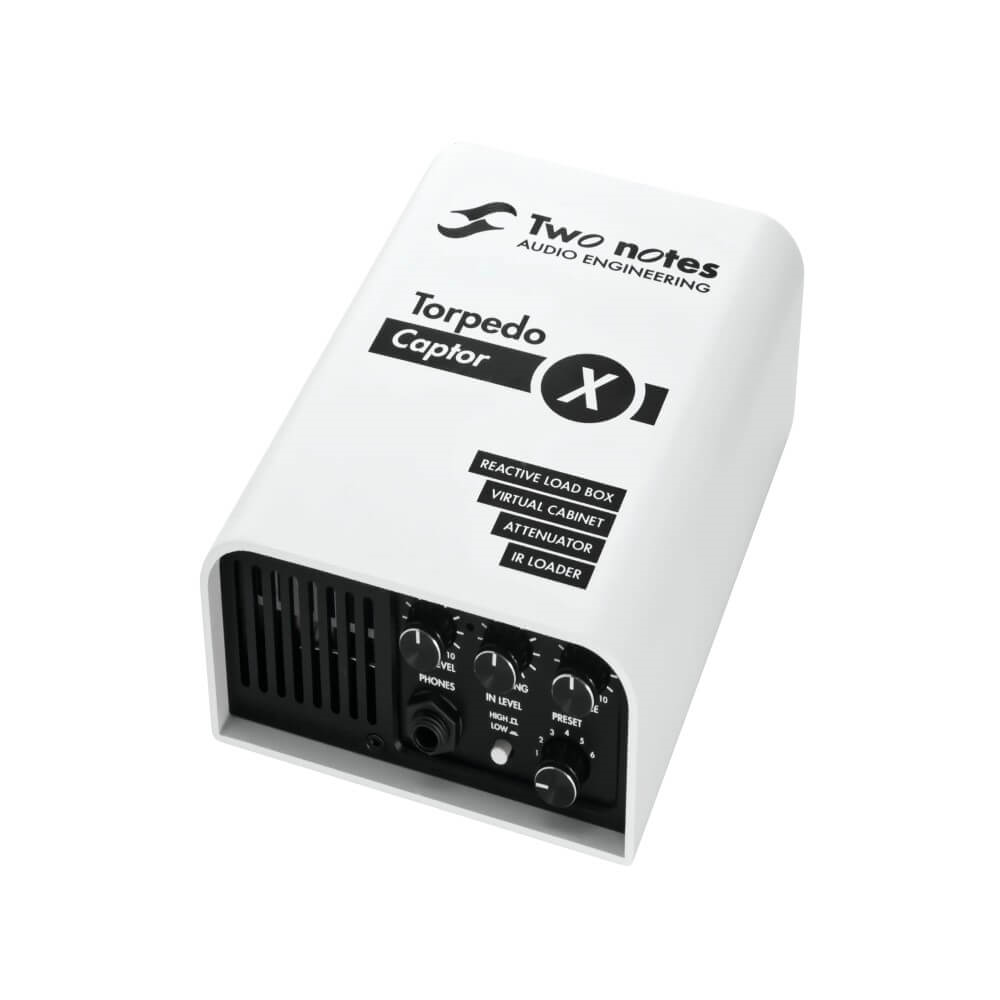Two Notes Captor X 16 Ohm reactive load box and IR loader for guitar amplifiers, with controls and connection ports visible.