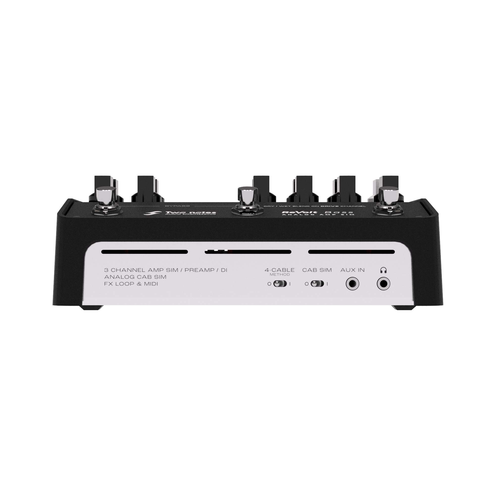 Two Notes Revolt Bass 3-channel pedal-format bass amplifier with control knobs and input/output jacks, designed for electric bass guitar.